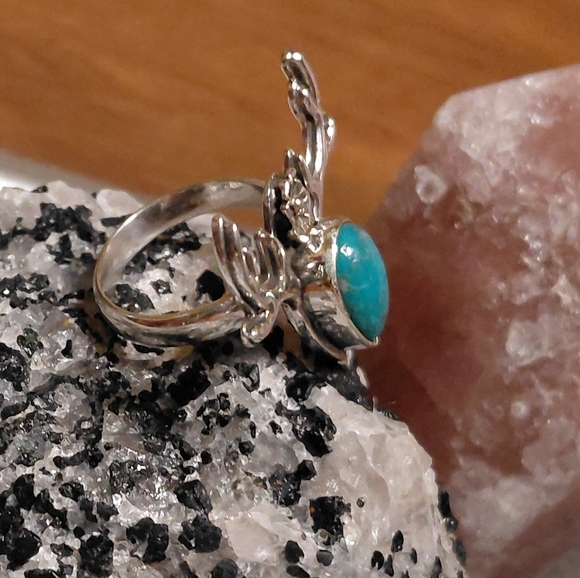 Silver Antler Deer Turquoise Ring Size 7.25 - Picture 2 of 13